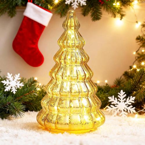 Christmas Decor lamp,Mercury Glass Christmas Tree Lights with Timer,Lighted Glass Tabletop Christmas Tree, Battery Operated Night Lights for Christmas, New Year Ceremony Decoration H: 8.2 (Gold)