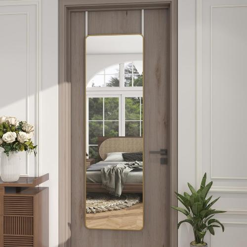 Full Length Door Mirror 14x48, Metal Frame with Protective Film, No-Drilling Hanging or Wall Mount (Horizontal/Vertical), Hooks & Hardware Included, Full Body Mirror for Bedroom, Dorm, Gold