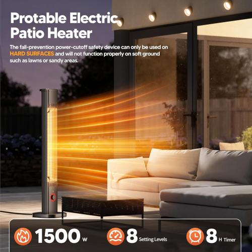 Outdoor Heater for Patio 1500W, 8H Timer, IP34 Waterproof, Infrared Electric Patio Heater, 8 Levels Heating for Garage Backyard Black with Dustproof Cover