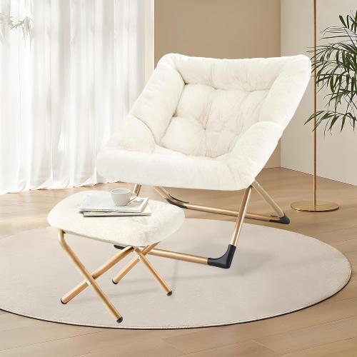 Youtanic Comfy Oversized Saucer Chair with Ottoman,Soft Faux Fur Reading Lounge Chair for Adults,Stable X-Large Metal Frame and Non-Slip Pad,Cozy Chair for Bedroom, Living Room, Dorm, Office, Beige