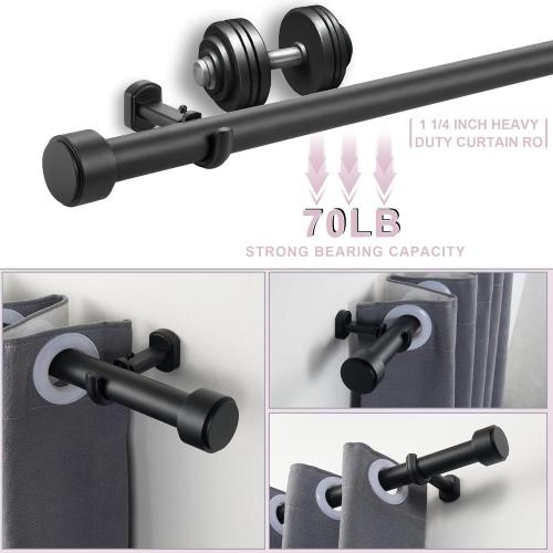 Lwiiom Heavy Duty Curtain Rods,1 1/4 Large Diameter Premium Nonadjustable Curtain Rod,72in/6ft Custom Window Treatment Rods with Durable Aluminum Brackets and End Caps,Black Finish
