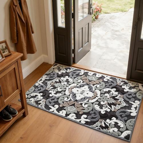 LUMI Indoor Door Mat for Entrance 26x46, Luxury Front Doormat with Non-Slip Latex Rubber Backing, Soft Washable Dirt Trapper, Flower Bliss (Rolled Package)