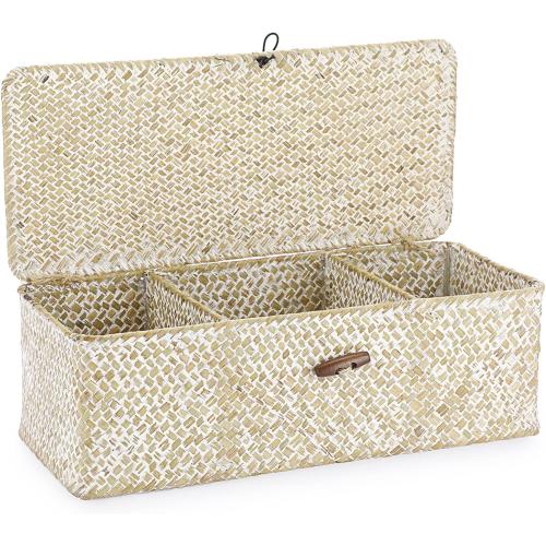 Hipiwe Seagrass Storage Basket Bin 3 Sections Hand-Woven Wicker Baskets with Lid Bathroom Basket Toilet Tank Baskets Holder for Organize Snack Tissue, Whitewash