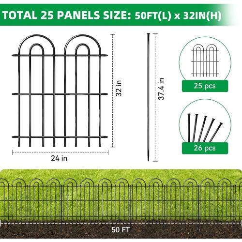 25 Panels Decorative Garden Fence, 32 in(H) X 50 ft(L) No Dig Dog Fence Outdoor for Yard, Rustproof Tall Metal Garden Fencing Animal Barrier with Ground Stakes, Temporary Fencing for Patio Outdoor