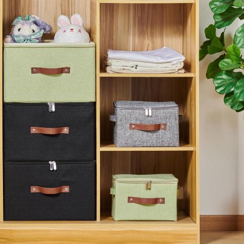 Storage Bins with Zipper Lid Cotton Linen Fabric Lidded Storage Baskets Boxes Foldable Washable Closet Shelf Clothes Organizer Container with PU Leather Handles (Black, Small Size)