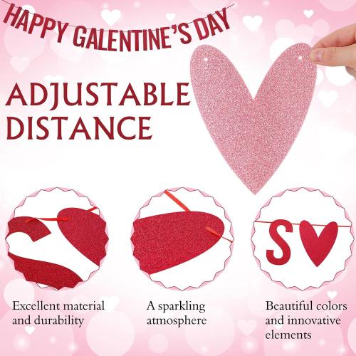 Epakh Happy Galentines Day Banner Chugs and Kisses Banner with Red Pink Glittery Heart Garland Romantic Galentines Day Party Decorations Hug Kiss Love Anniversary Valentines Party Supplies