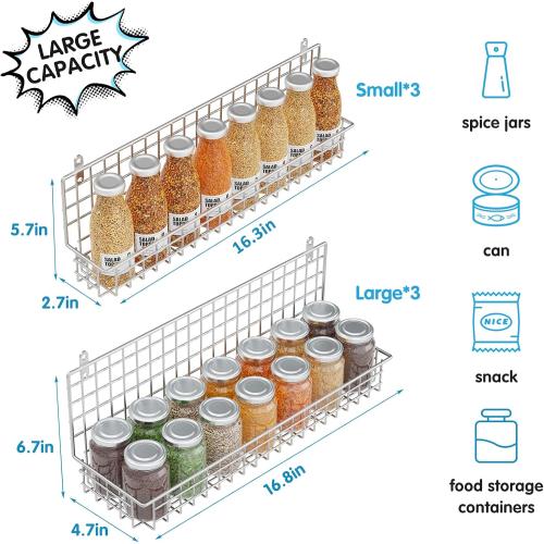 Size 6 tier Color Silver Spice Rack Organizer 6-Tier Wall Mounted & Over the Door Spice Racks for Kitchen Pantry Bathroom,Two Size, Large Capacity, Silver