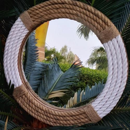 White and Brown Round rope wall mirror, 18 inch, Rustic Farmhouse Hanging Mirror for Bathroom, living Room - Nautical Coastal Decor.