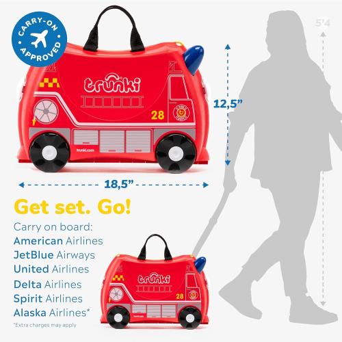 Trunki Ride-On Kids Suitcase | Tow-Along Toddler Luggage | Carry-On Cute Bag with Wheels | Kids Luggage and Airplane Travel Essentials: Frank Fire Truck Red
