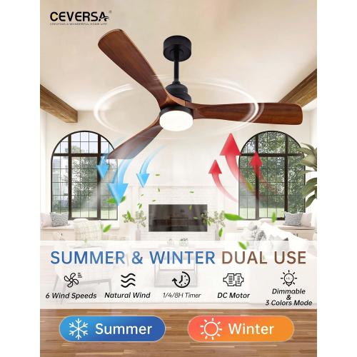 52 Inch Ceiling fans with Lights and Remote,Wood Outdoor Ceiling Fan for Patios with Dimmable LED Light,3 Blades Walnut,Noiseless Reversible DC Motor,Modern Fan for Indoor,Farmhouse