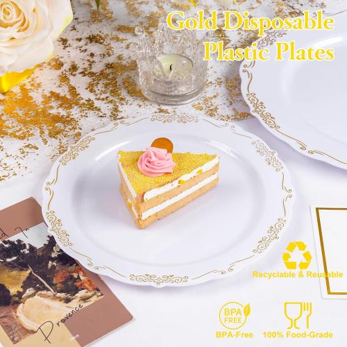 U-QE 100PCS Gold Plates Disposable - Heavy Duty White and Gold Plates Including 50PCS 10'' Dinner & 50PCS 7.5'' Dessert Plates Perfect for Upscale Party, Wedding