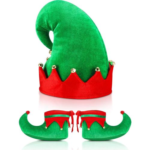 SATINIOR Christmas Santa Elf Shoes and Hat Christmas Red and Green Costume Accessory Set