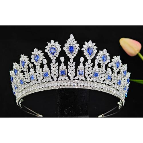 Luxury CZ Royal Blue Crowns and Tiaras for Bride Handmade Cubic Zirconia Large Bridal Headpiece Princess Prom Queen Crown Wedding Hair Accessories Zircon Crystal Tiara Headband