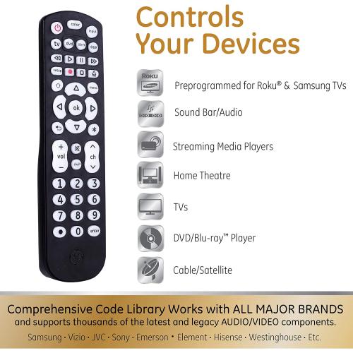 GE Color Select Backlit Buttons Universal Remote Control, Samsung TV Remote Control Replacement, Samsung Remote Control for Smart TV, Roku Remote Replacement, Vizio, LG TV, Sony, 4-Device, Black 44220