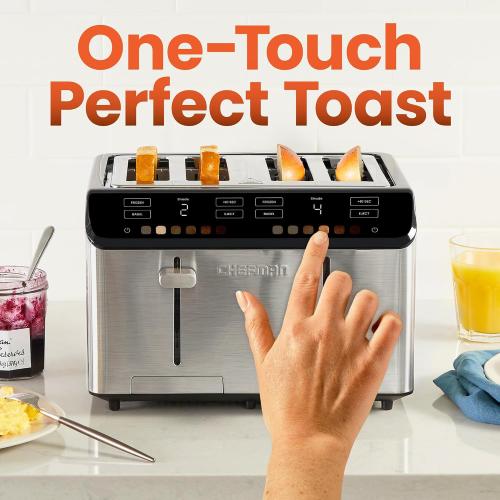 ‼️item may come with stains ‼️and missing pieces ‼️Chefman Smart Touch 4 Slice Digital Toaster, 6 Shade Settings, Touchscreen Bagel Toaster 4 Slice with Extra-Wide Slots,  10 Seconds, Defrost, Removable Crumb Tray – Stainless Steel