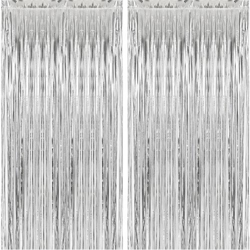 2 Pack Silver Foil Curtain Party Streamers Metallic Tinsel Foil Fringe Photo Booth Backdrop for Birthday Wedding Engagement Baby Shower Bachelorette Christmas Holiday Celebration Party Decorations