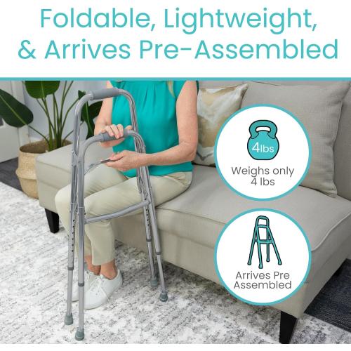 Vive Hemi Walker for Seniors - Narrow for Small & Tight Spaces, Ultra Lightweight, One-Handed Folding Walker, Foldable, Works as Chair Stand Assist Aid Grab Bar for Elderly - Sit to Stand Side Cane