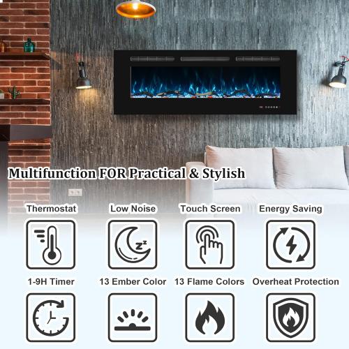 Size 30 Electric Fireplace 30 inch Wide, Wall Mounted Fireplace Inserts Electric Heater, 13 * 13 Flame Effects Like Real Flame, Low Noise, Timer & Thermostat Setting, 750W/1500W, Black