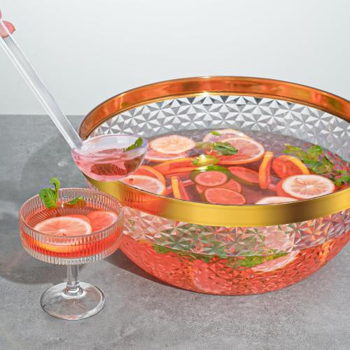 NiHome Gold Trim Clear Plastic Punch Bowl with Ladle and Tong for Parties, Weddings, BBQs, 1.4 Gallon Beverage Serving Bowl Complete Set for Cocktails, Salads, Snacks, Easy to Clean