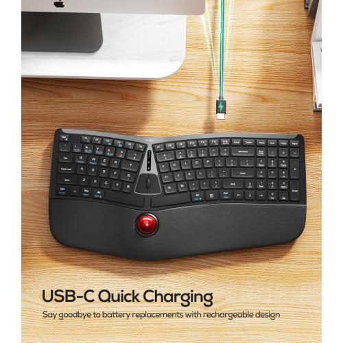 Nulea RT07 Wireless Ergonomic Trackball Keyboard - Bluetooth and 2.4G USB Connectivity, Natural Typing, Wrist Rest,Split Keyboard, USB-C Rechargeable,Compatible with Mac/Windows