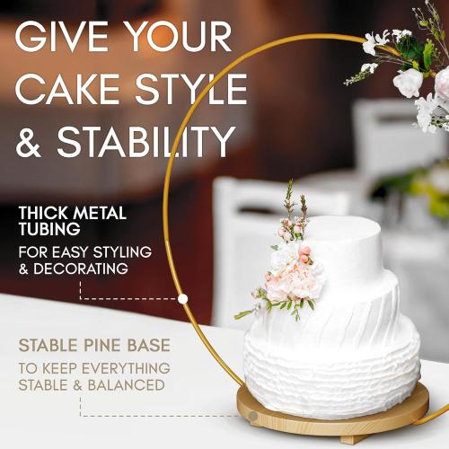 Wedding Cake Stand 16in Wood Base with Golden Metal Floral Hoop Centerpiece & Screws, Cake Display Stand for 3 Tiered Cakes, Cupcakes & More