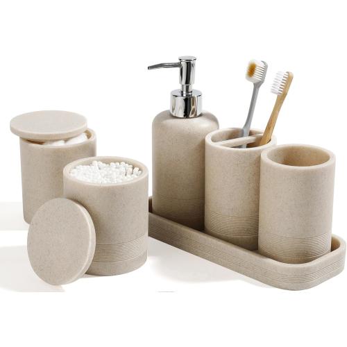 Bathroom Accessories Set, 6-Piece Bathroom Accessory Set, Toothbrush Holders Set, Soap Dispenser, Vanity Tray, Tumbler, Cotton Swab Jars, Bathroom Organizer for Modern Bathrooms(Beige)