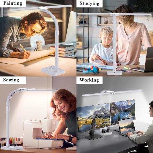 LED Desk Lamp for Home Office, 24W Bright Desk Lamp with Phone Holder Base - 25 Lighting Modes Eye-Caring Desk Light Adjustable Gooseneck Lamp for Workbench Drafting Reading Study-White