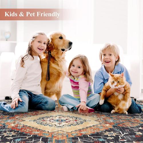 Yamaziot Washable Area Rugs 5x7 – Non Slip Boho Vintage Rug for Bedroom, Low Pile Floor Carpet Soft Distressed Rug for Living Room, Bedroom, Dining Room, Black Navy Blue