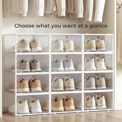 Pinkpum 15 Pack X-Large Shoe Storage Boxes Fit US Size 11, Shoe Organizer for Closet Clear Plastic Stackable Shoe Dispaly Case Holder Bins, Sneaker Storage for Sneakerheads White for Home and Family