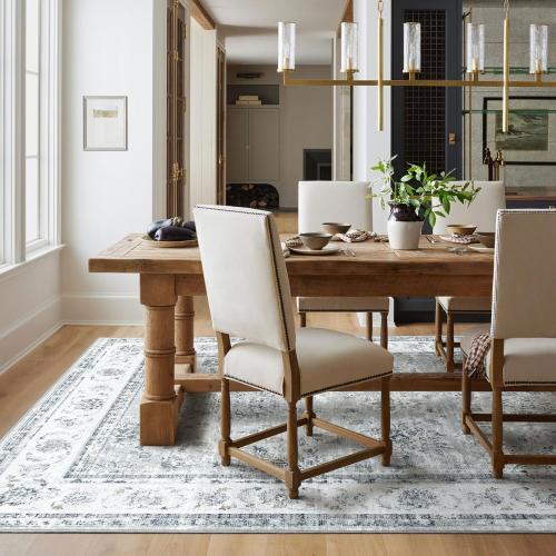 Floral 9x12 Area Rugs - Grey Large Machine Washable Living Room Rug Non Slip Ultra-Thin Stain Resistant Bedroom Rug Vintage Retro Boho Accent Rugs for Bedroom Dining Room Office Carpet