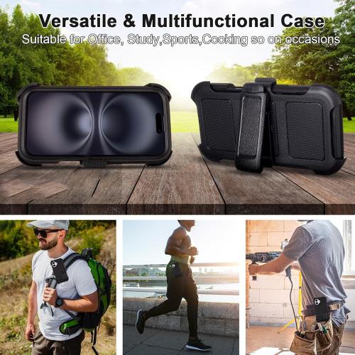 Black for iPhone 16 Case with Belt Clip Holster, Heavy Duty Rugged Military Grade Shockproof Cases for iPhone 16 Case Protective Cover with Kickstand 6.1 Inch