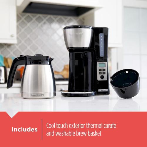 BLACK DECKER 12 Cup Thermal Programmable Coffee Maker with Brew Strength and VORTEX Technology, Black/Steel, CM2046S