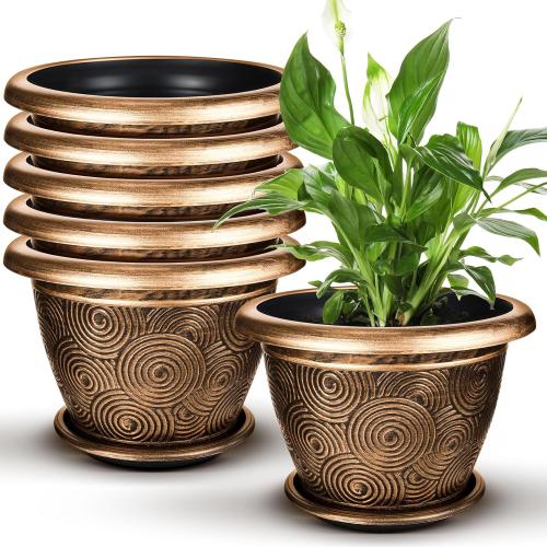 Hushee 6 Pcs 10 Inch Gold Flower Pots Planters for Indoor Outdoor Plastic Round Plant Pots with Drainage Hole and Tray Decorative Garden Pot for Nursery Patio Office and Home Decor
