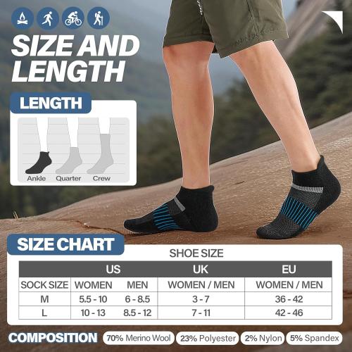 6 Pairs Merino Wool Ankle Running Hiking Socks Compression Support Breathable Thick Cushion No Show Socks for Women Men