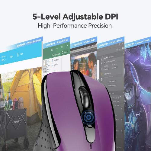 TECKNET Wireless Mouse, 2.4G Ergonomic Optical Mouse, Computer Mouse for Laptop, PC, Computer, Chromebook, Notebook, 6 Buttons, 24 Months Battery Life, 2600 DPI, 5 Adjustment Levels - Purple