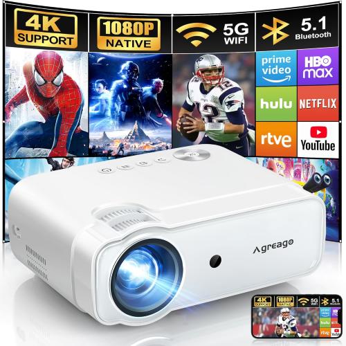 Projector with WiFi and Bluetooth, 5G WiFi Native 1080P 14000L 4K Supported, AGREAGO Portable Outdoor Projector with Screen, Home Theater Projector Compatible with TV Stick/iOS/Android/Win/HDMI/USB