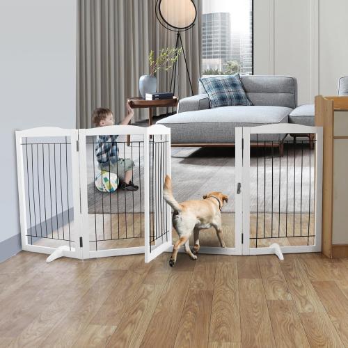 ZJSF White Freestanding Foldable Dog Gate with Door Walk-Through, 4 Panels Tall, 32-Inch H, Iron, Latch