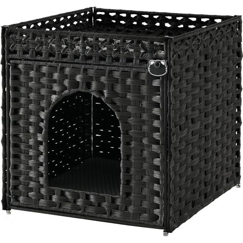SETVSON Cat Litter Box Enclosure Furniture, Hidden PE Rattan, Black | PE Rattan Kitty House with Top Fence, Fits Standard Litter Box, Included Litter Mat, 2 S-Hooks, Sturdy Metal Frame