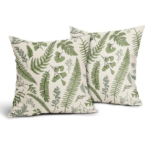 Sage Green Leaf Plant Pillow Covers 18X18 Inch Set of 2 Tropical Fern Herbs Botanical Leaves Floral Decorative Pillow Cases Vintage Cushion Case Farmhouse Home Decor For Couch Sofa Porch Outdoor