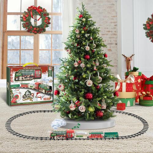 JUQU Electric Train Set for Kids Ages 3-8 – Remote Control Steam Locomotive Toy Train with Smoke, Lights, Sound & Tracks, Christmas Tree Train for Around or Under Tree