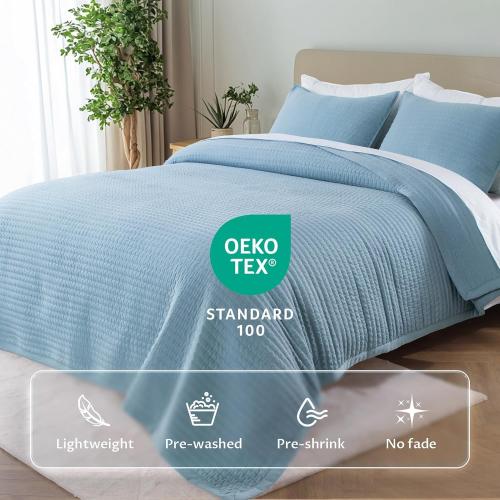 Oversized King Quilt Set 112x106 – Soft Washed 3-Layer Lightweight California King Bedspread, Minimalist Nordic Design, All-Season Spring & Summer Quilt Set (1 Quilt   2 Pillow Shams), Blue