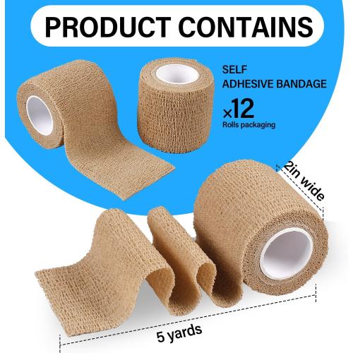 OZER 12 Pack 2 Inch x 5 Yards Self Adhesive Bandage Breathable Cohesive Bandage Wrap Rolls Elastic Self-Adherent Tape for Stretch Athletic, Sports, Wrist, Ankle (Tan, 2 Inch)