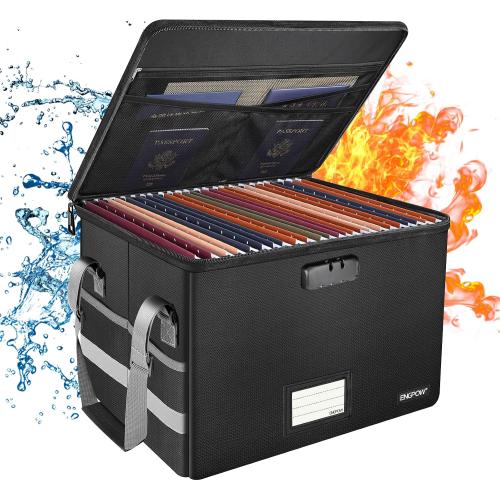 ENGPOW File Box with Lock,Fireproof Document Box with Zipper＆Pockets,Collapsible File Organizer Filing Storage Cabinet with Handle,Portable Home Office Safe for Hanging Letter/Legal Folder,Black
