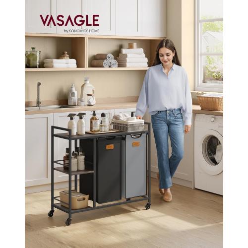 VASAGLE Laundry Hamper with 2 Compartments, 26.4 Gal. (100 L) Laundry Sorter, Rolling Laundry Cart with Shelves, Removable Liners, 6 Labels, Chestnut Brown, Ink Black and Dove Gray UBLH311B02