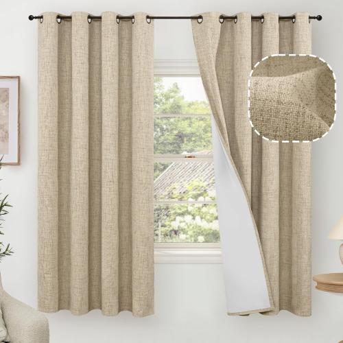 Faux 100% Blackout Curtains for Bedroom 63 Inch Length 2 Panels, Thermal Insulated Total Light Blocking Noise Reducing Linen Window Curtains for Nursery, Bronze Grommet, Each 52 Wide, Burlap