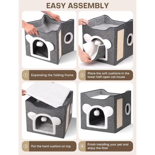 Cat Houses for Indoor Cats, Large Cat Cave with Fluffy Ball and Scratch Pad, Covered Cat Bed House, Foldable Cat Hideaway