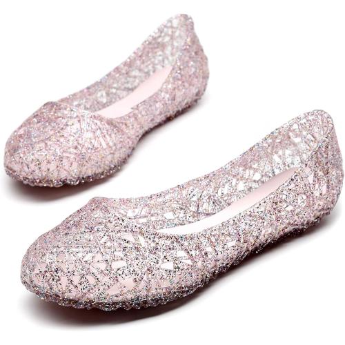 ODORHEISAYO Womens Sandals Flat Beach Jelly Shoes Slip On Hollow Out Water Shoes Girls Ballet Flats Summer Loafers Gold ? size 9