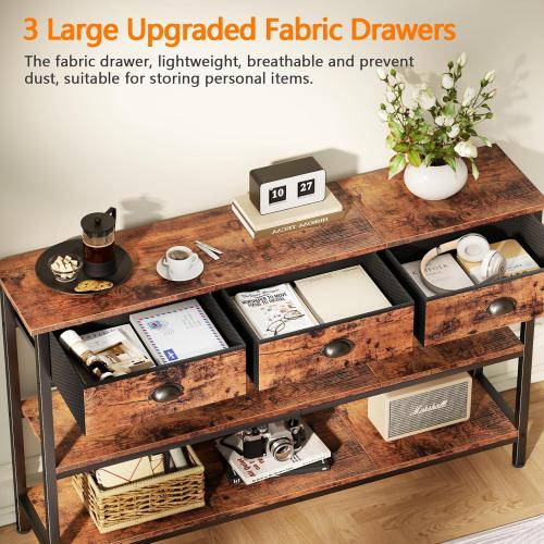 Furologee Long 47 Console Sofa Table with 3 Drawers, Entryway Table with 3-Tier Storage Shelves, Industrial Display Shelf for Entry Way, Hallway, Couch, Living Room, Kitchen, Foyer, Rustic Brown