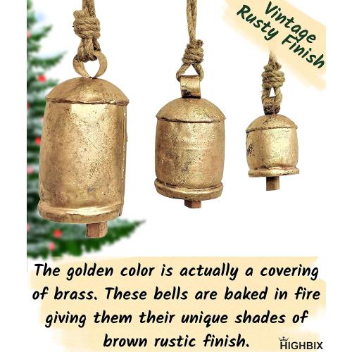 HIGHBIX Set of 3 Giant Harmony Cow Bells Huge Vintage Handmade Rustic Lucky Christmas Hanging XL Bells On Rope (Country Rustic, Large)