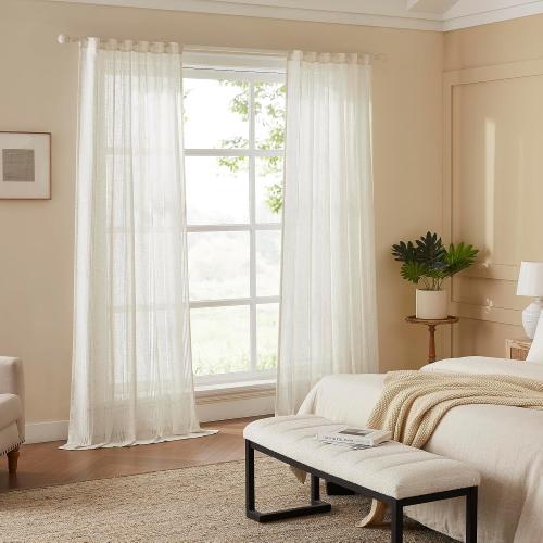MYSKY HOME Natural Linen Boho Curtains for Living Room 84 Inches Long Light Filtering Semi Sheer Privacy Drapes for Bedroom, Farmhouse Rustic Hollowed-Out Home Decor Back Tab, 50 W×84 L, 2 Panels